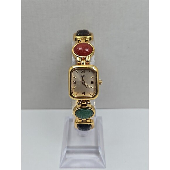 Vintage KJL Kenneth Jay Lane Womens Scarab Stone Bracelet Watch New Battery Gold main image 10